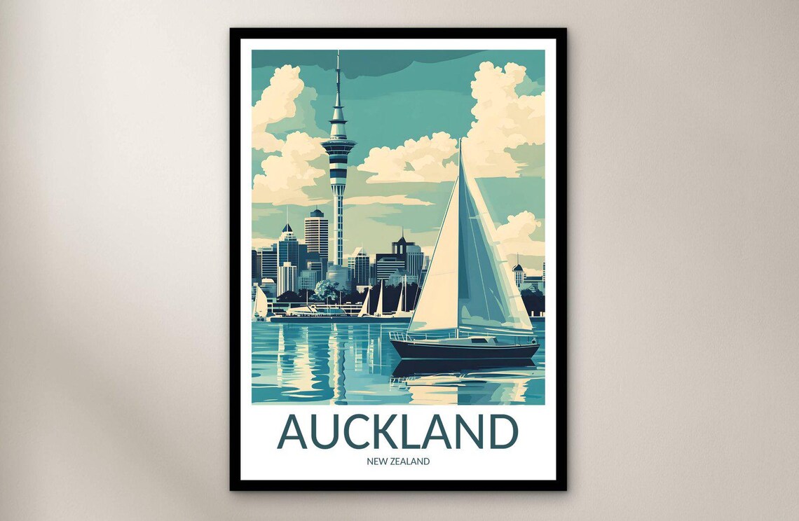 Auckland New Zealand Sky Tower Harbor Sailboat Retro Style Poster