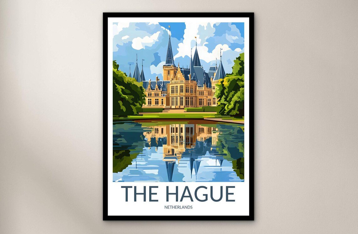 The Hague Castle Lakeside Reflection Netherlands Travel Poster