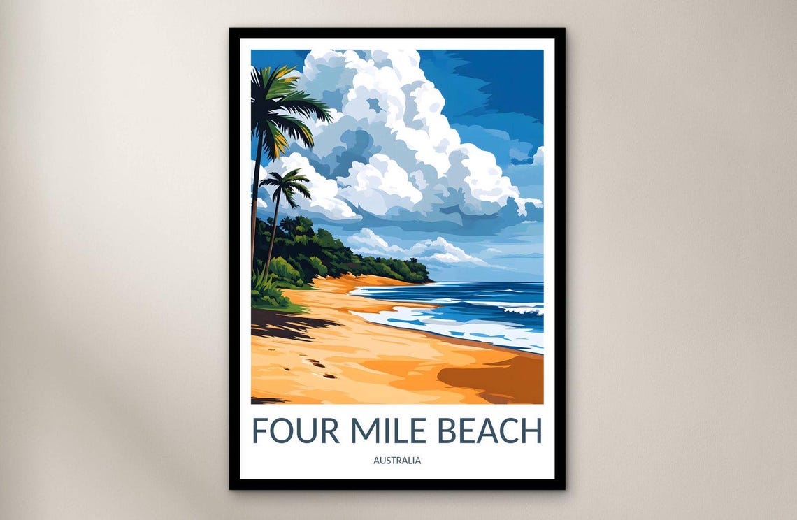 Four Mile Beach Australia Sandy Shore Palm Trees Headland Surf Poster