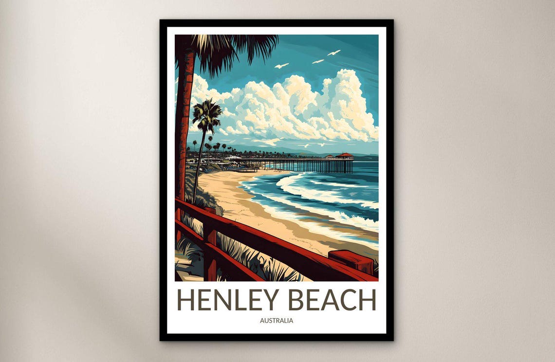 Henley Beach Australia Ocean Pier and Palms Vintage Travel Poster