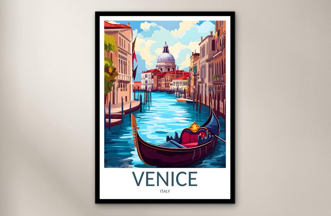 Venice Italy Gondola Ride Canal With Domed Church Travel Poster - Image 4