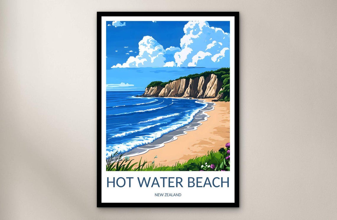 Hot Water Beach New Zealand Cliff Coast Vintage Travel Poster