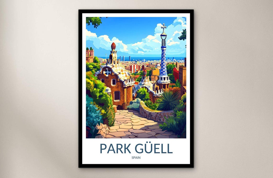 Park Guell Spain Gaudi Mosaic Terrace Gardens View Travel Poster