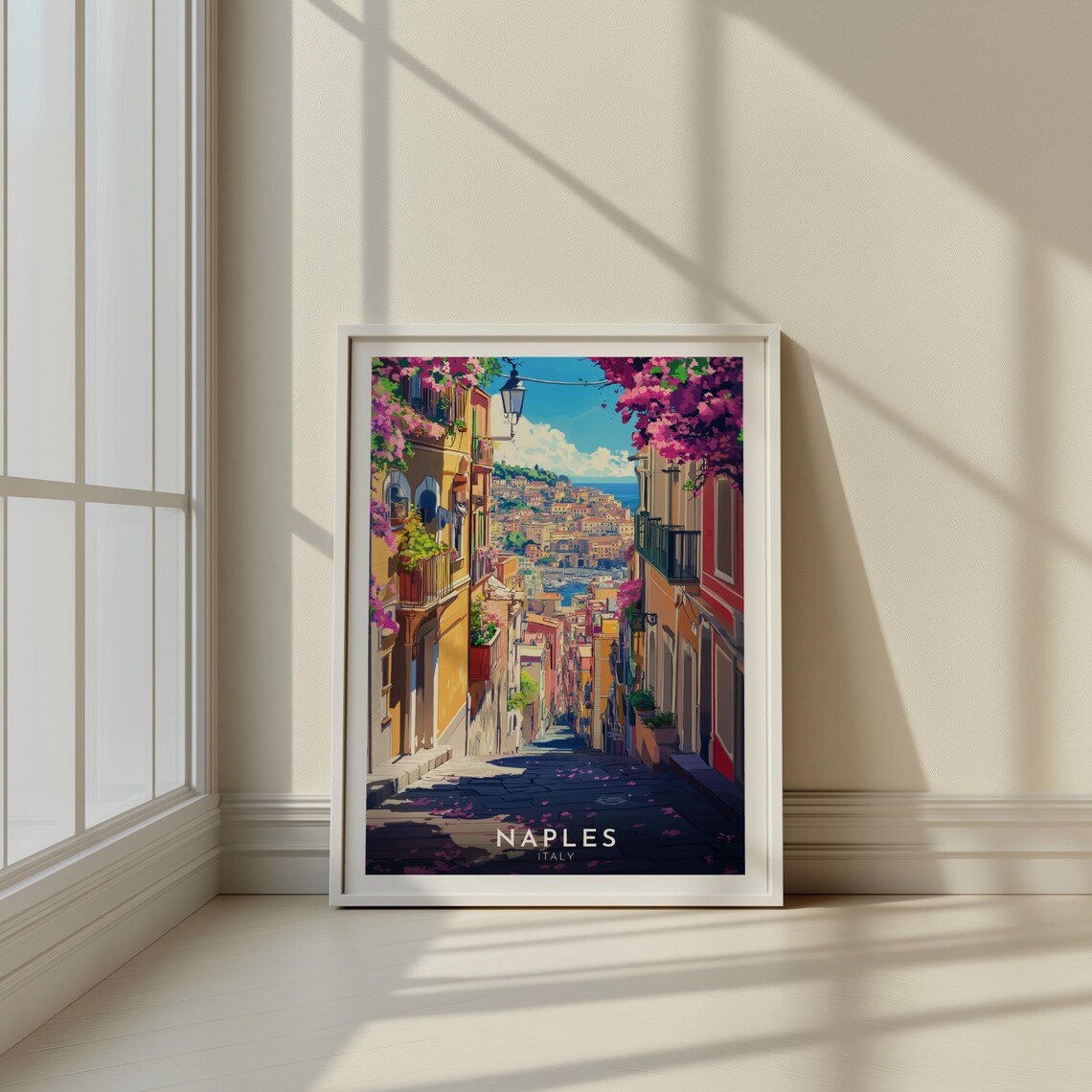 Naples Italy Flowered Street Down to Sparkling Bay Travel Poster