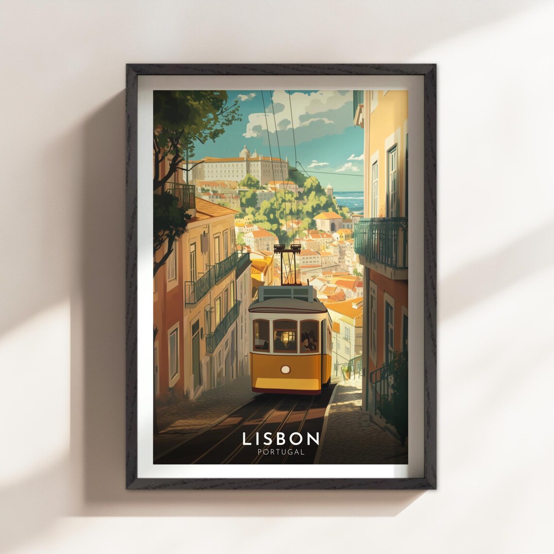 Lisbon Portugal Yellow Tram Steep Street Historic City Travel Poster
