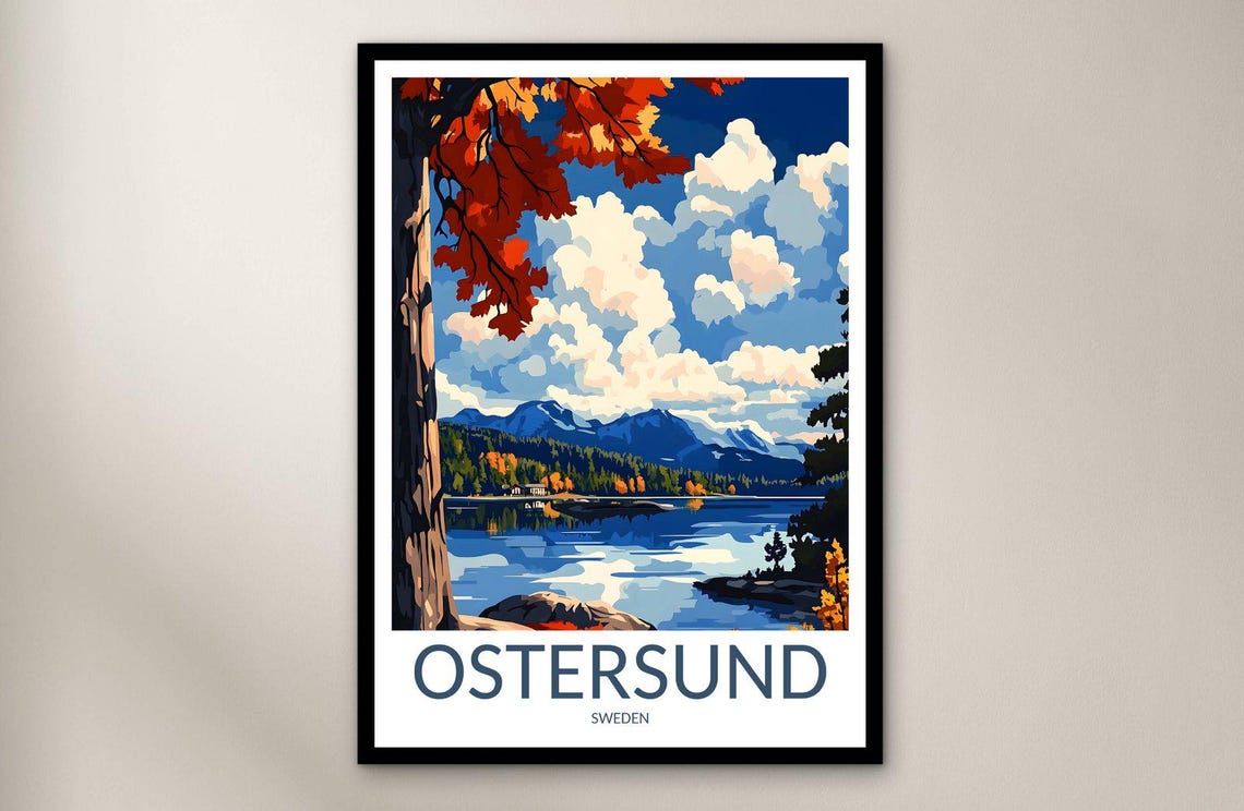 Ostersund Autumn Lake Mountain Landscape Vintage Travel Poster