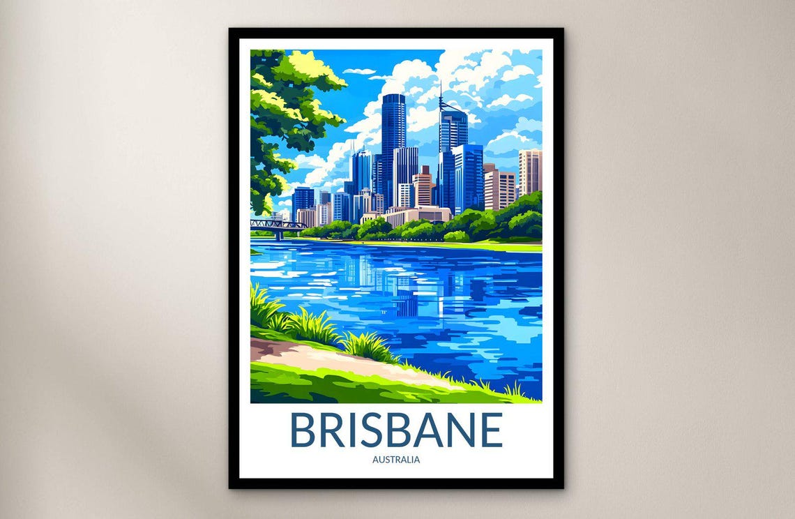 Brisbane Australia River Skyline Cityscape Vintage Travel Poster