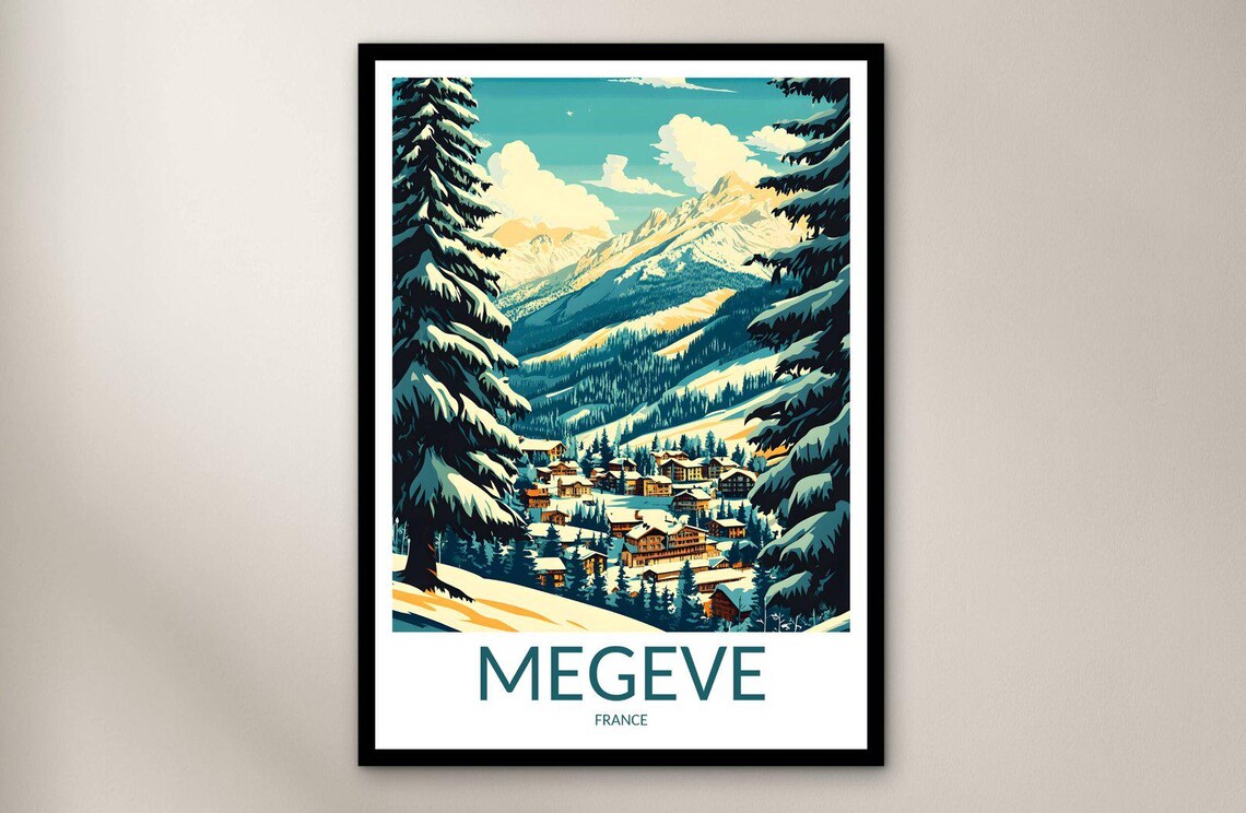 Megeve France Snowy Alpine Ski Village Mountain Travel Poster
