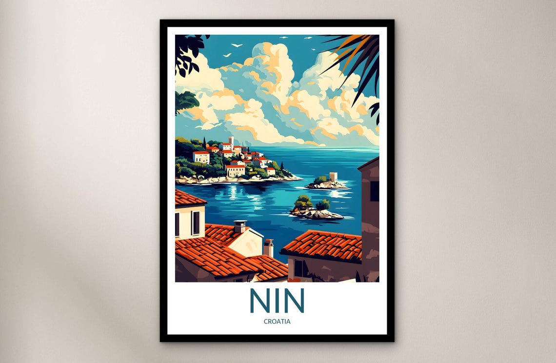 Nin Coastal Old Town Red Roofs Island View Vintage Travel Poster