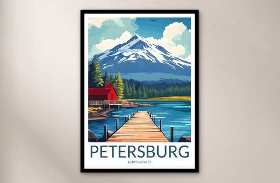 Petersburg Snowy Mountain Lake Red Cabin Wooden Dock Travel Poster