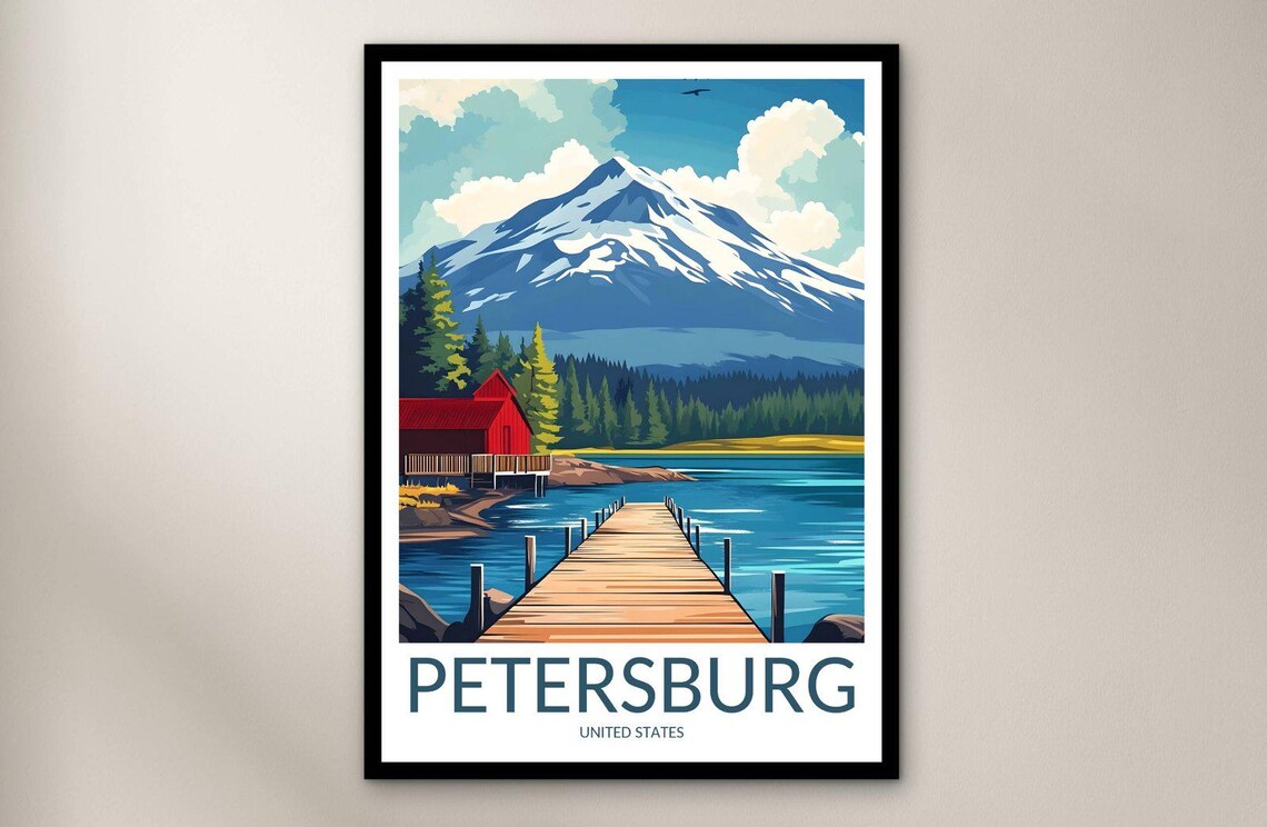 Petersburg Snowy Mountain Lake Red Cabin Wooden Dock Travel Poster