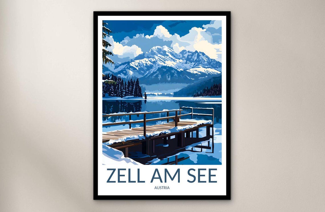 Zell am See Austria Winter Lake Snowy Dock Scene Travel Poster