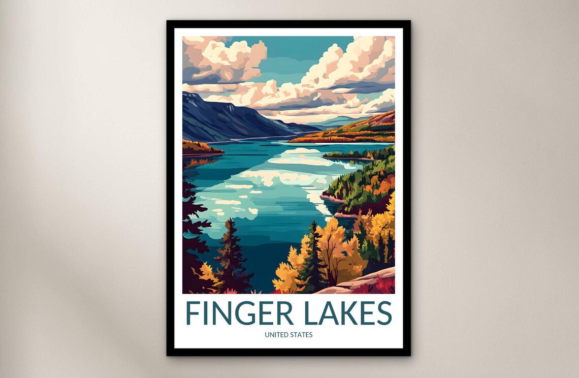 Finger Lakes United States Autumn Lakeside Hills Vintage Travel Poster