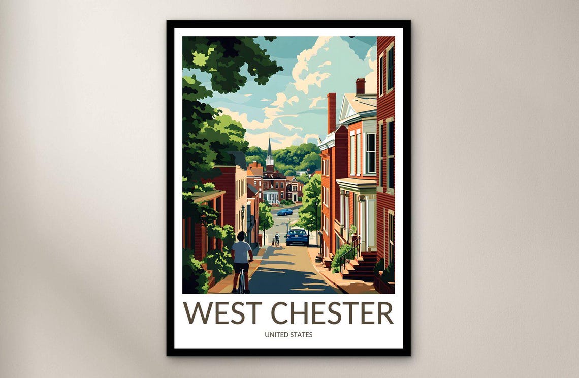 West Chester Historic Brick Street Cyclist Vintage Travel Scene Poster