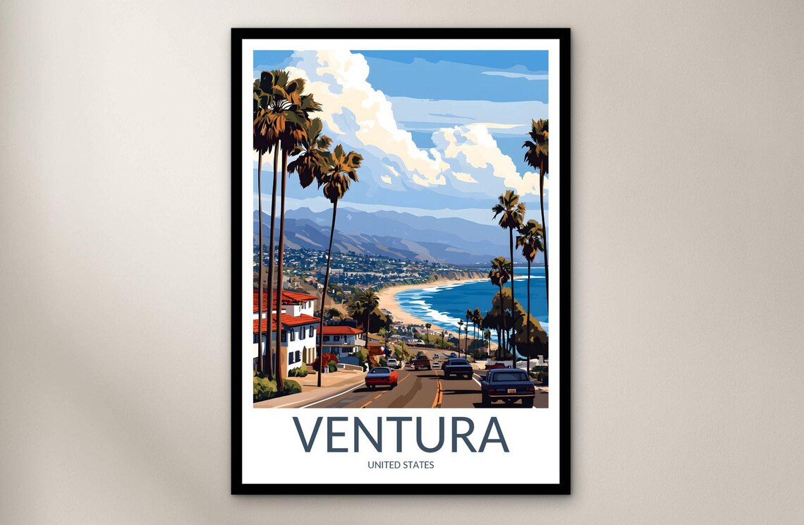 Ventura California Coastline Boulevard Classic Cars Beach Travel Poster