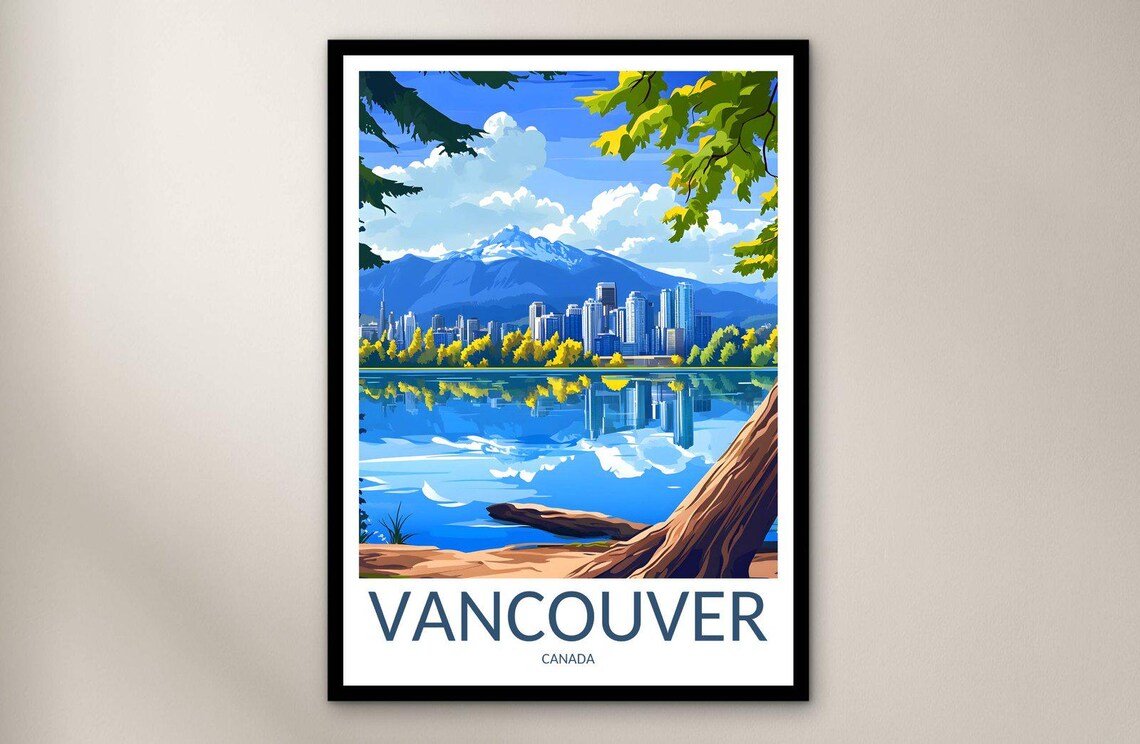 Vancouver Canada City Skyline Waterfront Mountain View Travel Poster