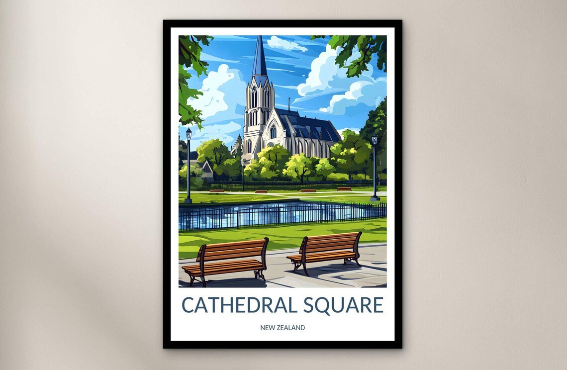 Cathedral Square New Zealand Church Park Retro Travel Poster