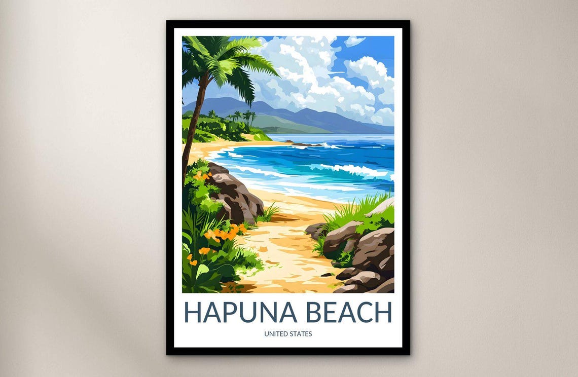 Hapuna Beach Hawaii Palm Trees Tropical Shore Scenic Travel Poster
