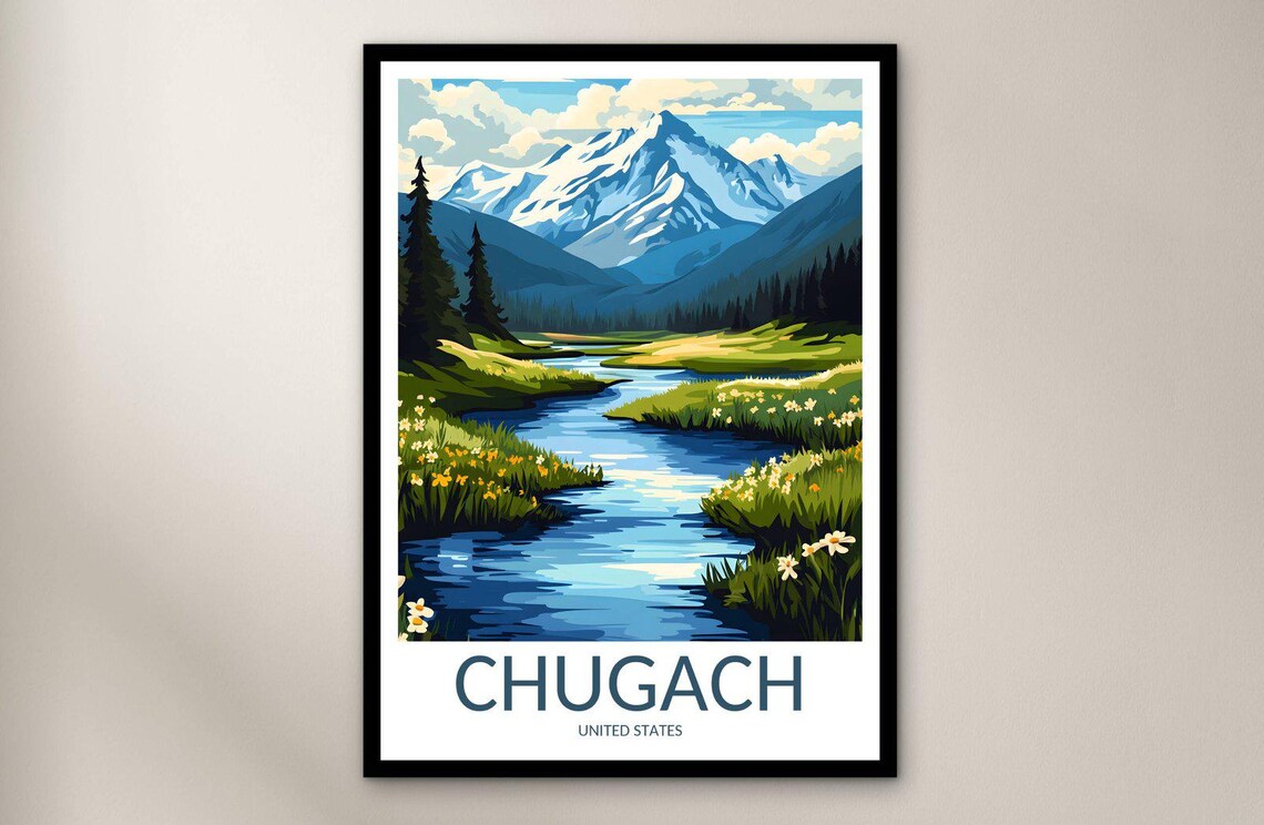 Chugach Alaska Mountain Stream Wildflowers Valley Travel Poster