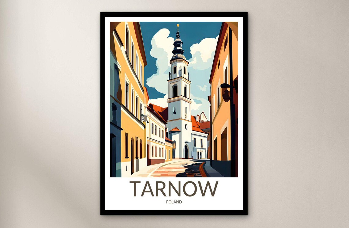 Tarnow Old Town Street White Church Tower Vintage Travel Poster