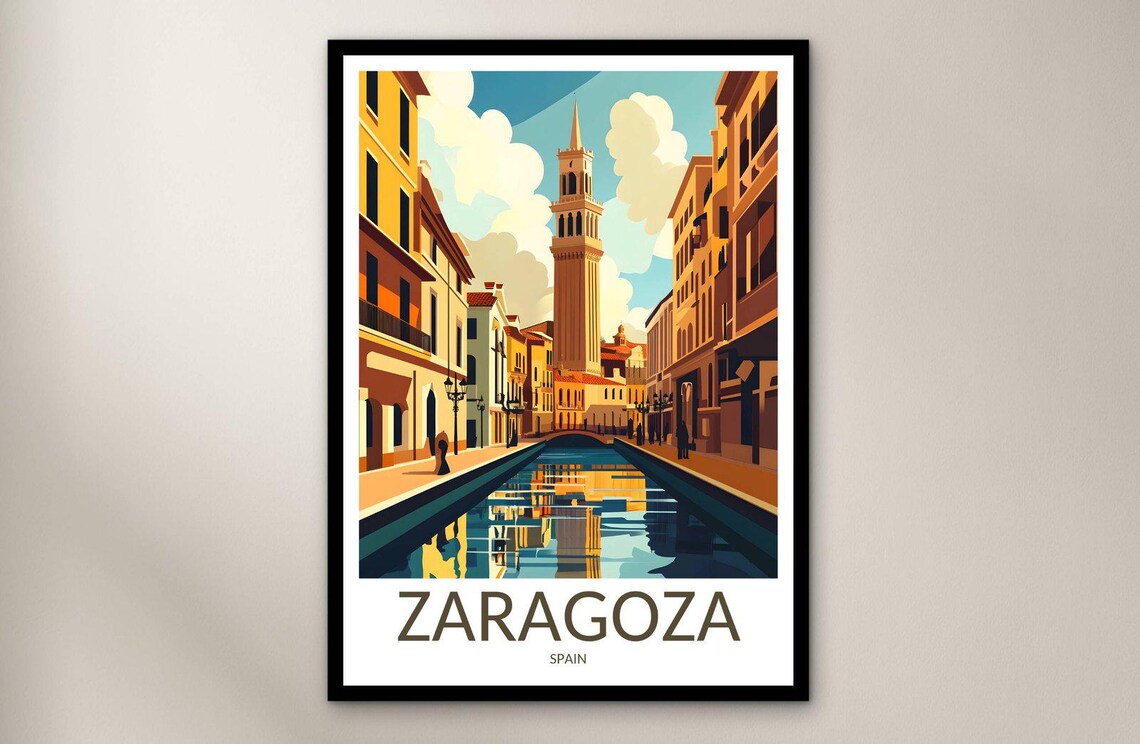 Zaragoza Canal Bell Tower Old Town Waterfront Vintage Travel Poster