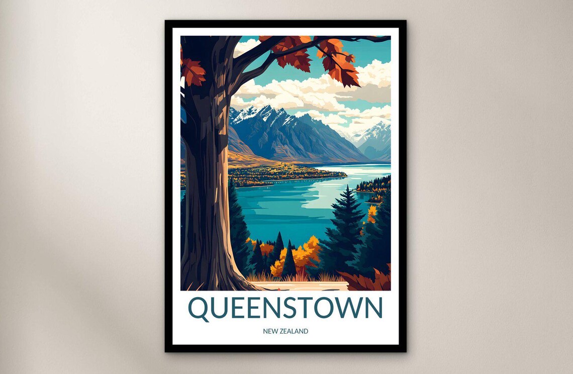 Queenstown New Zealand Autumn Lakeside Snowy Peaks View Poster