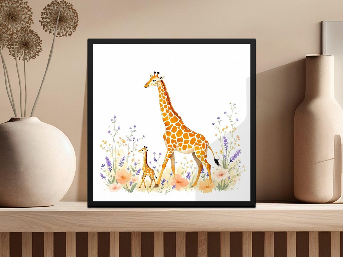 Giraffe and Baby Giraffe in Wildflowers Watercolor Nursery Poster - Image 3