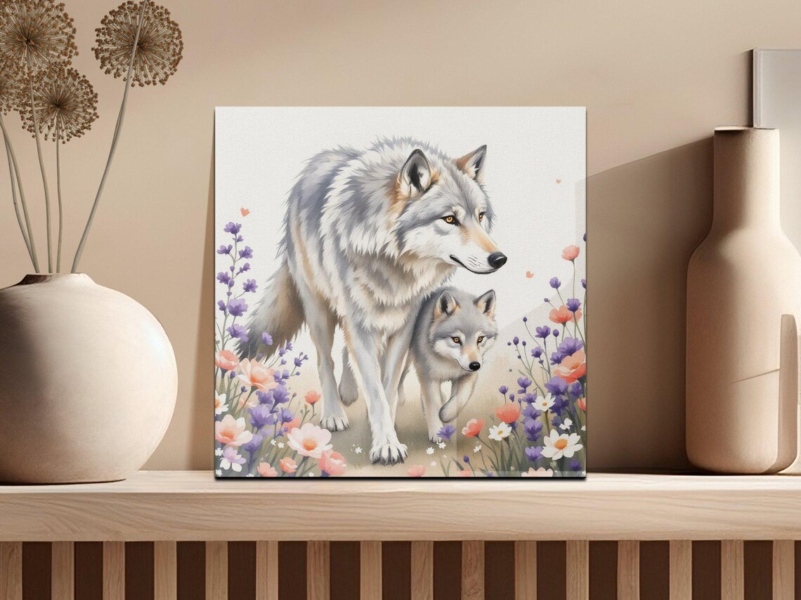 Gray Wolf and Pup in a Wildflower Meadow Watercolor Animal Poster - Image 3