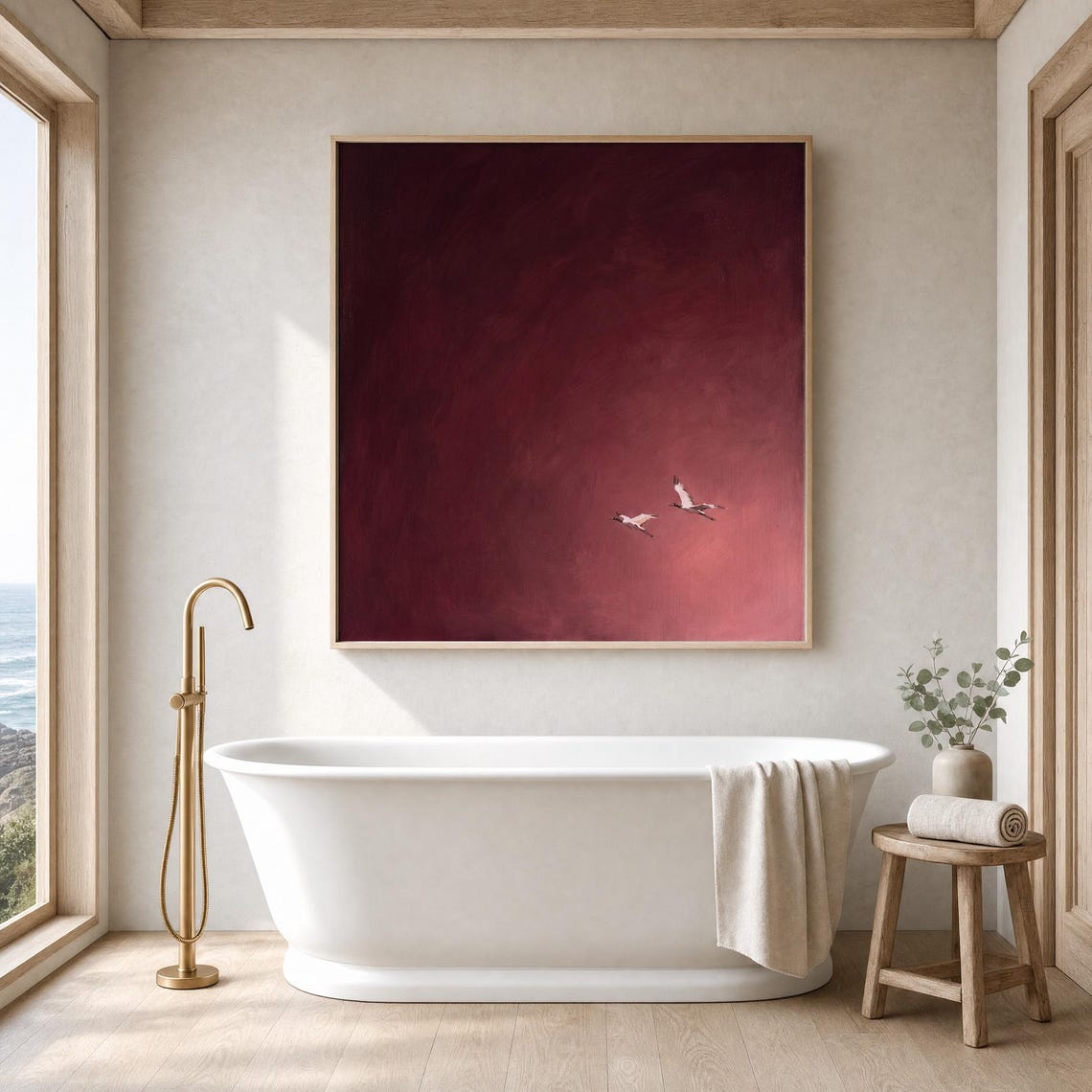 Burgundy Wall Art Dark Red Sky Oil Painting Two Birds In Flight Print Deep Wine Bedroom Decor Above Bed - Image 5