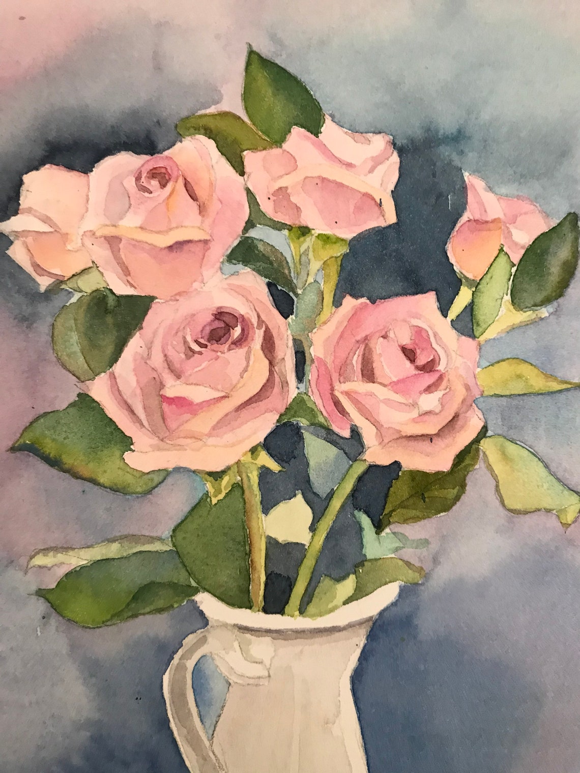 Pink Roses in a White Pitcher in a Watercolor Still Life Poster - Image 2