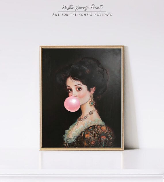 Altered Art Vintage Painting Victorian Portrait Bubble Gum Funny Wall Art Vintage Art Print Instant
