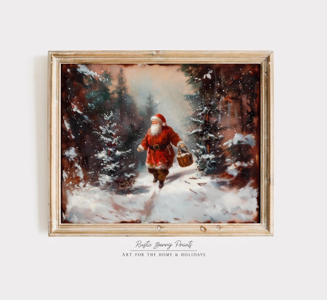 Vintage Santa Claus Wicker Basket Snowy Forest Walk Christmas Poster