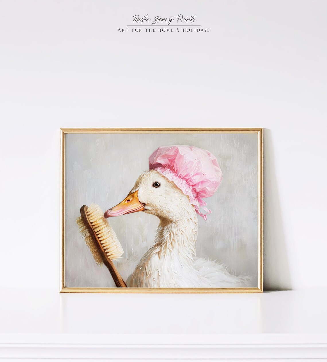 White Goose Wearing Pink Shower Cap Bath Brush Funny Bathroom Poster