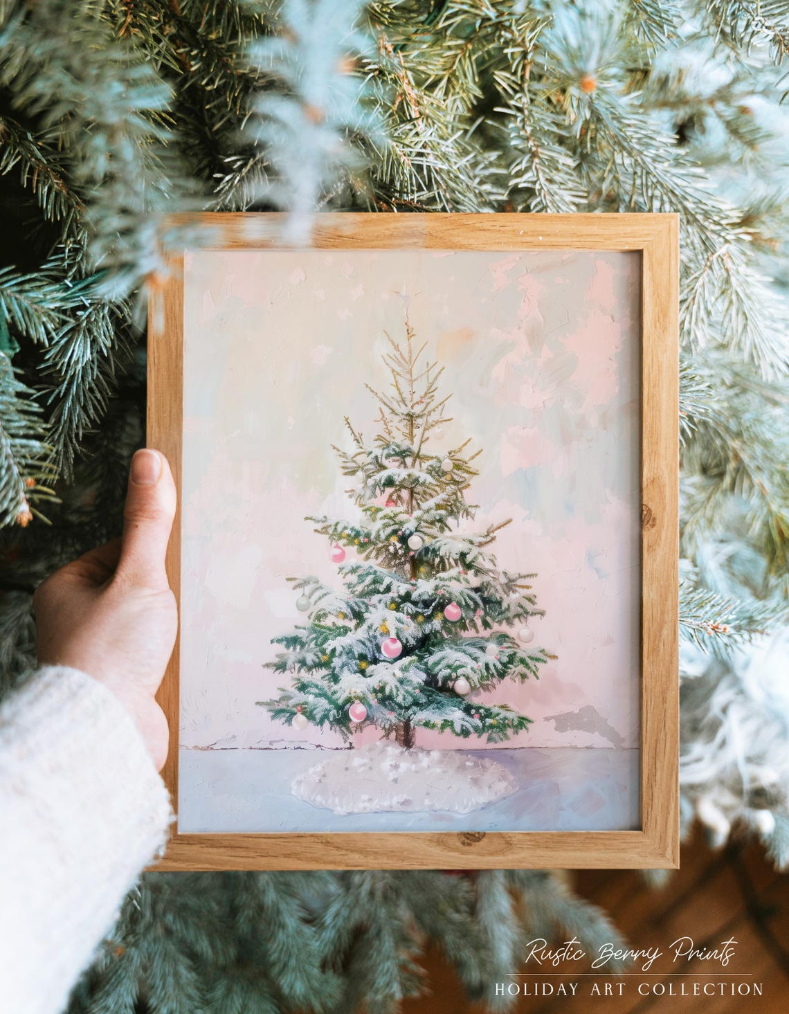 Snow Dust Christmas Tree Pink Ornaments Blush Holiday Wall Print