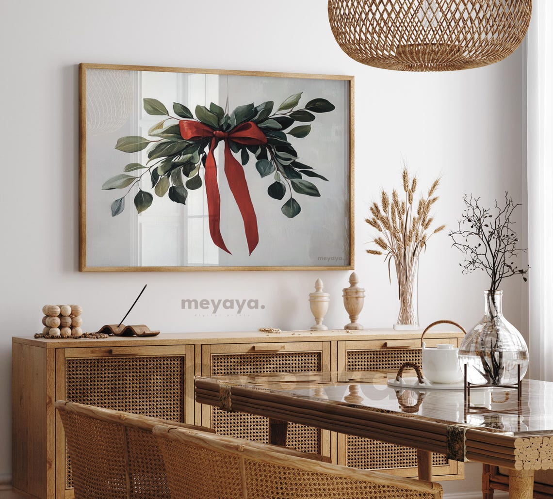 Mistletoe Swag Red Velvet Bow Eucalyptus Minimalist Christmas Poster - Image 5