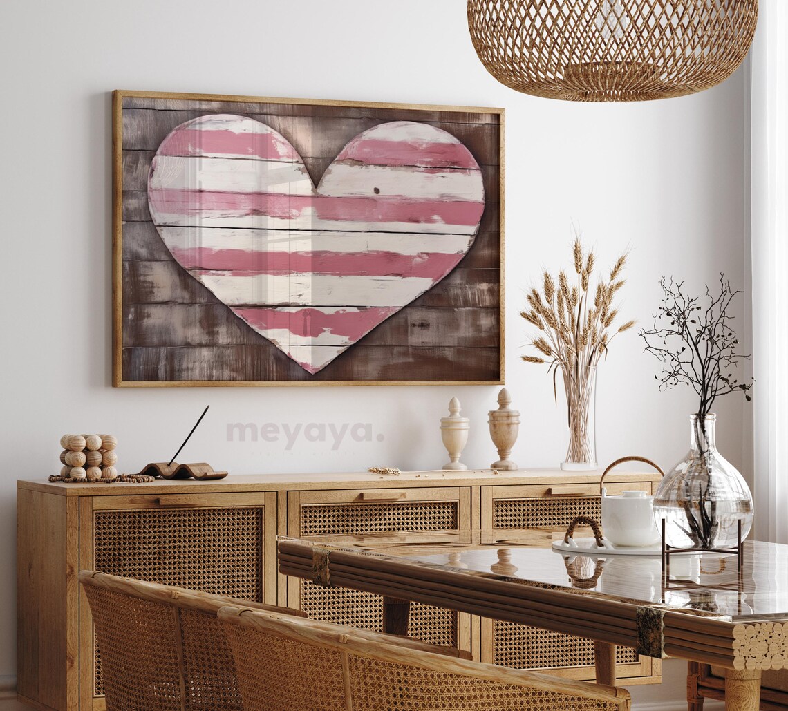 Pink White Striped Rustic Wooden Heart Farmhouse Valentine Poster - Image 3
