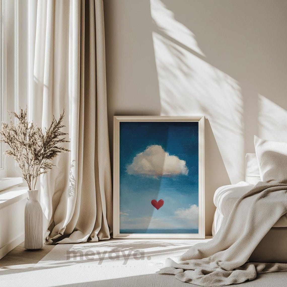 Red Heart Floating Blue Sky Cloud Surreal Romantic Wall Print - Image 5