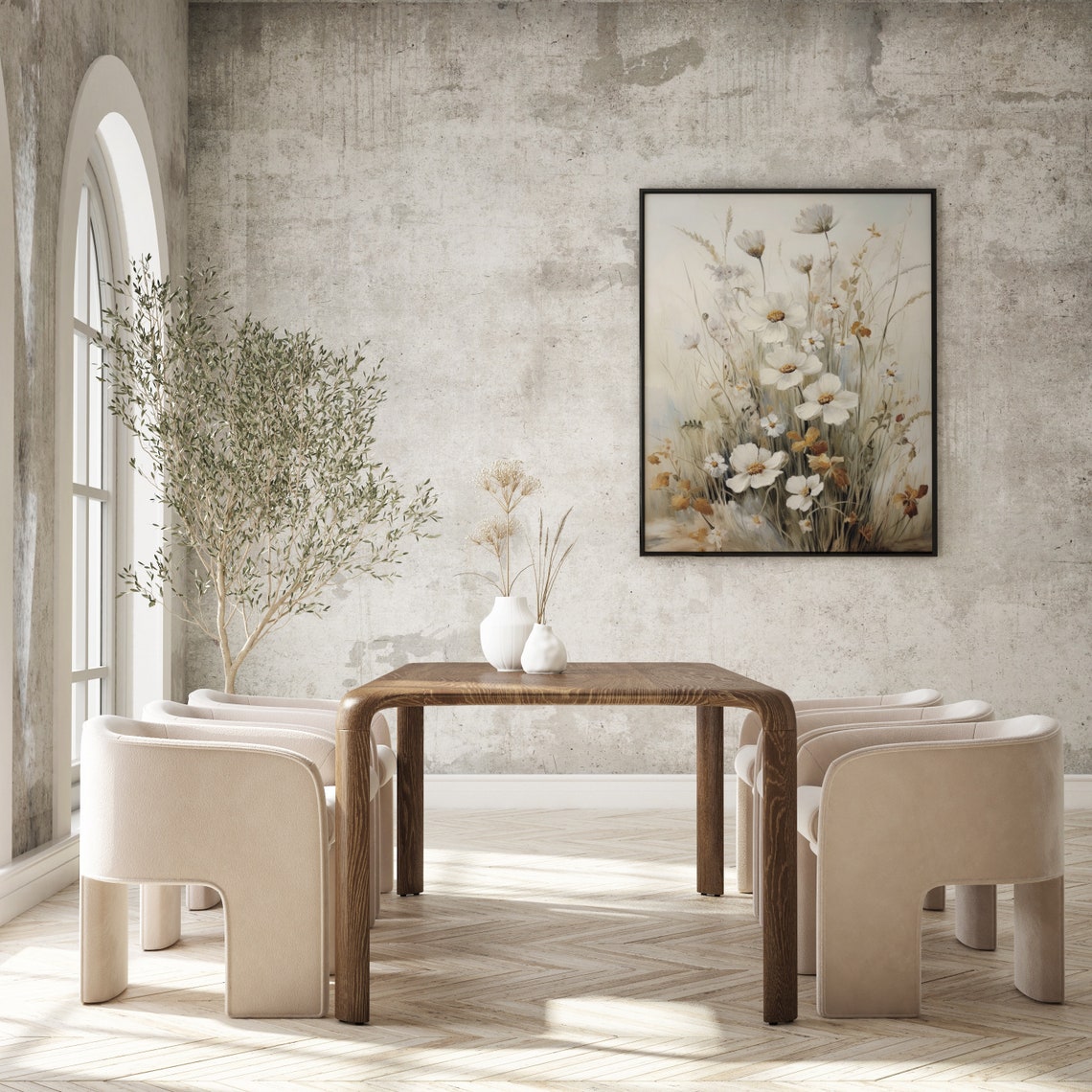 White Wildflowers And Grasses In Soft Beige Tones Painting Poster - Image 2