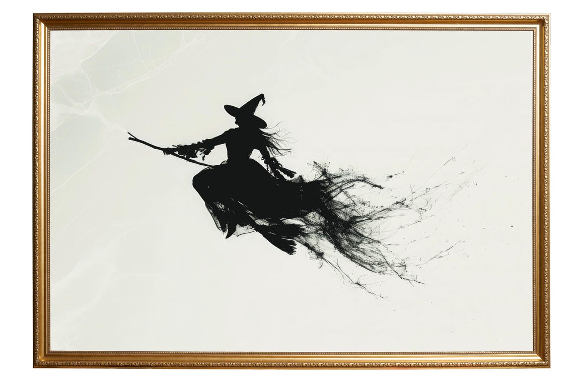 Witch Flying On A Broomstick Black Ink Silhouette Halloween Poster - Image 4