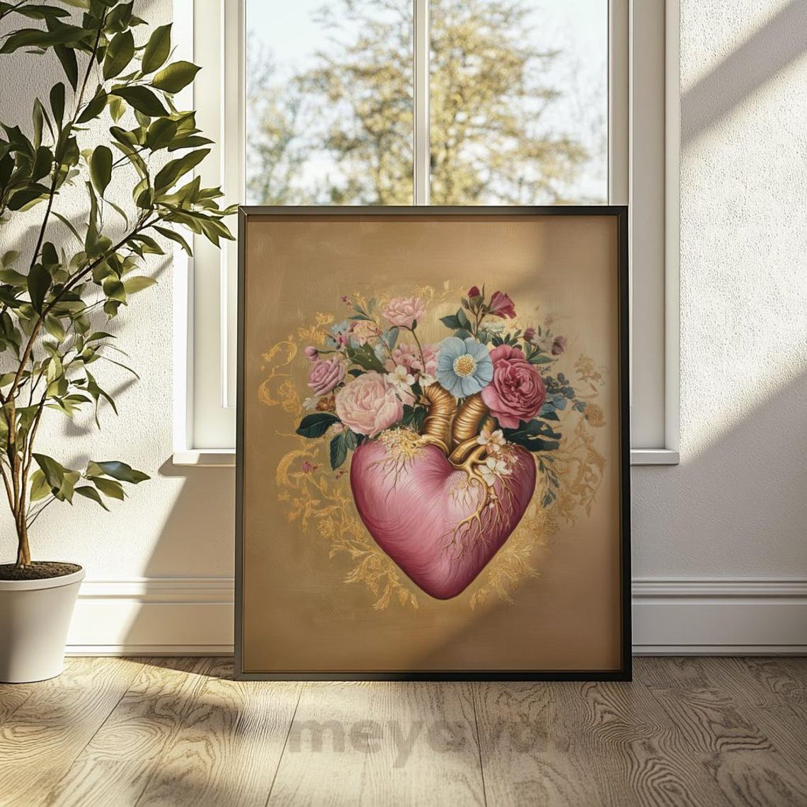 Floral Gold Pink Heart Print Anatomy Heart Painting Valentines Wall Art Cardiology Gift Anatomical Heart Art Pink Decor Mexican Art - Image 2