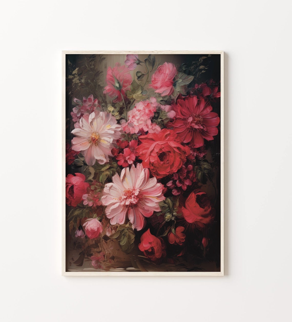 Moody Dark Botanical Roses Pink Red Floral Oil Painting Poster - Image 4