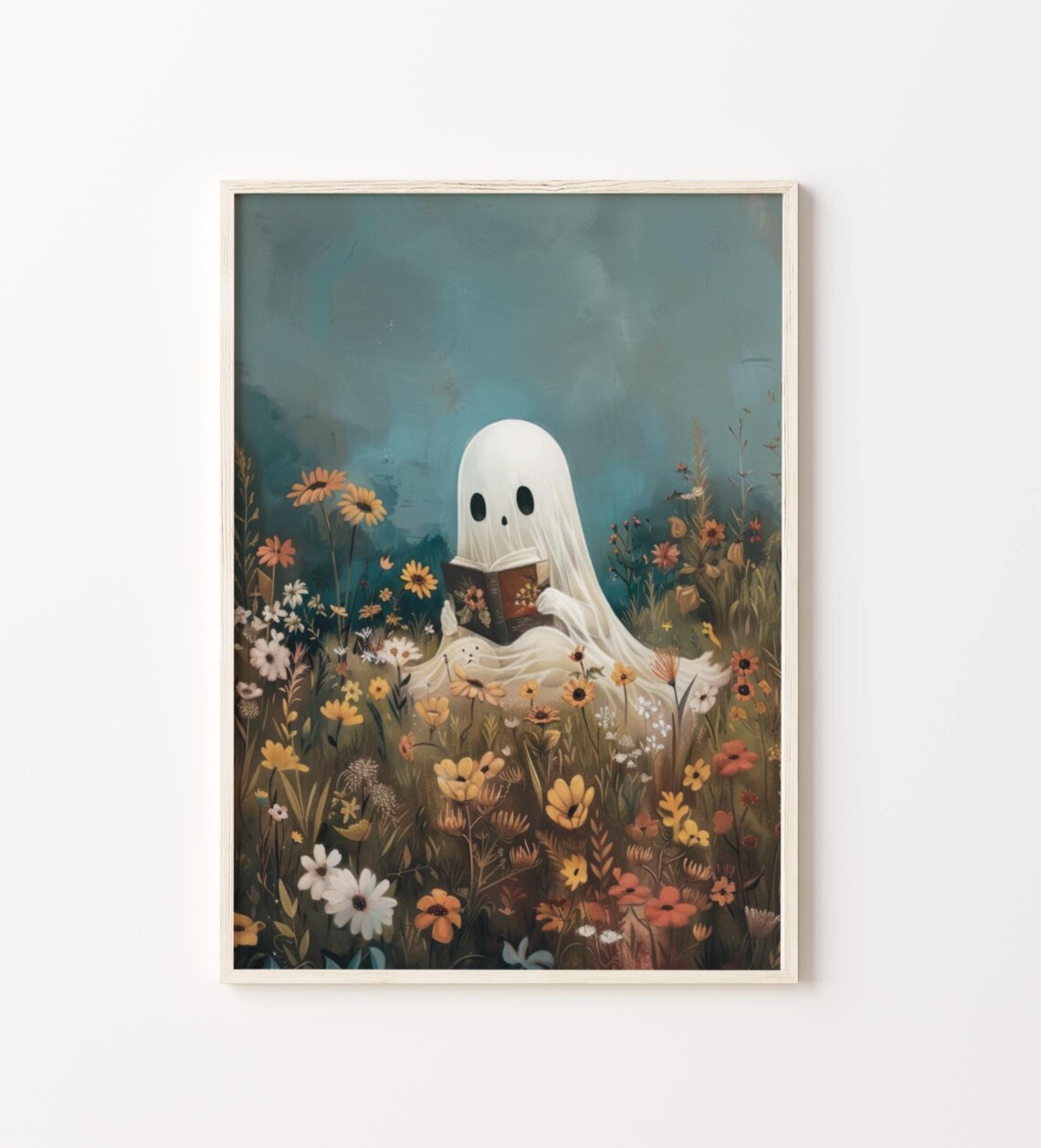 Cute Ghost Reading on Flower Field, Vintage Halloween Art - Image 5