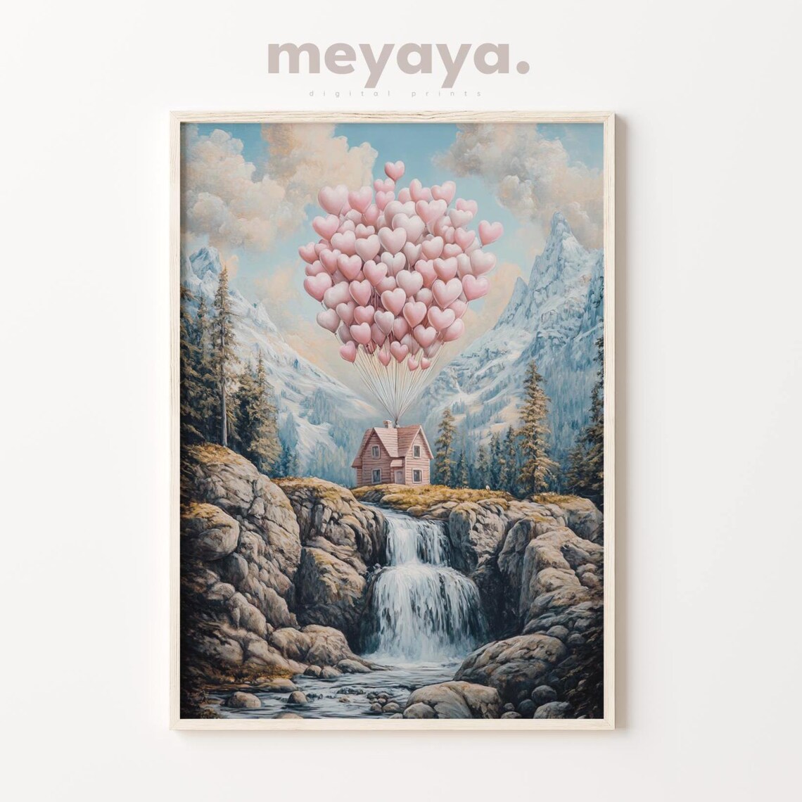 Heart Balloon House Flying Over Waterfall Mountain Wall Print - Image 3