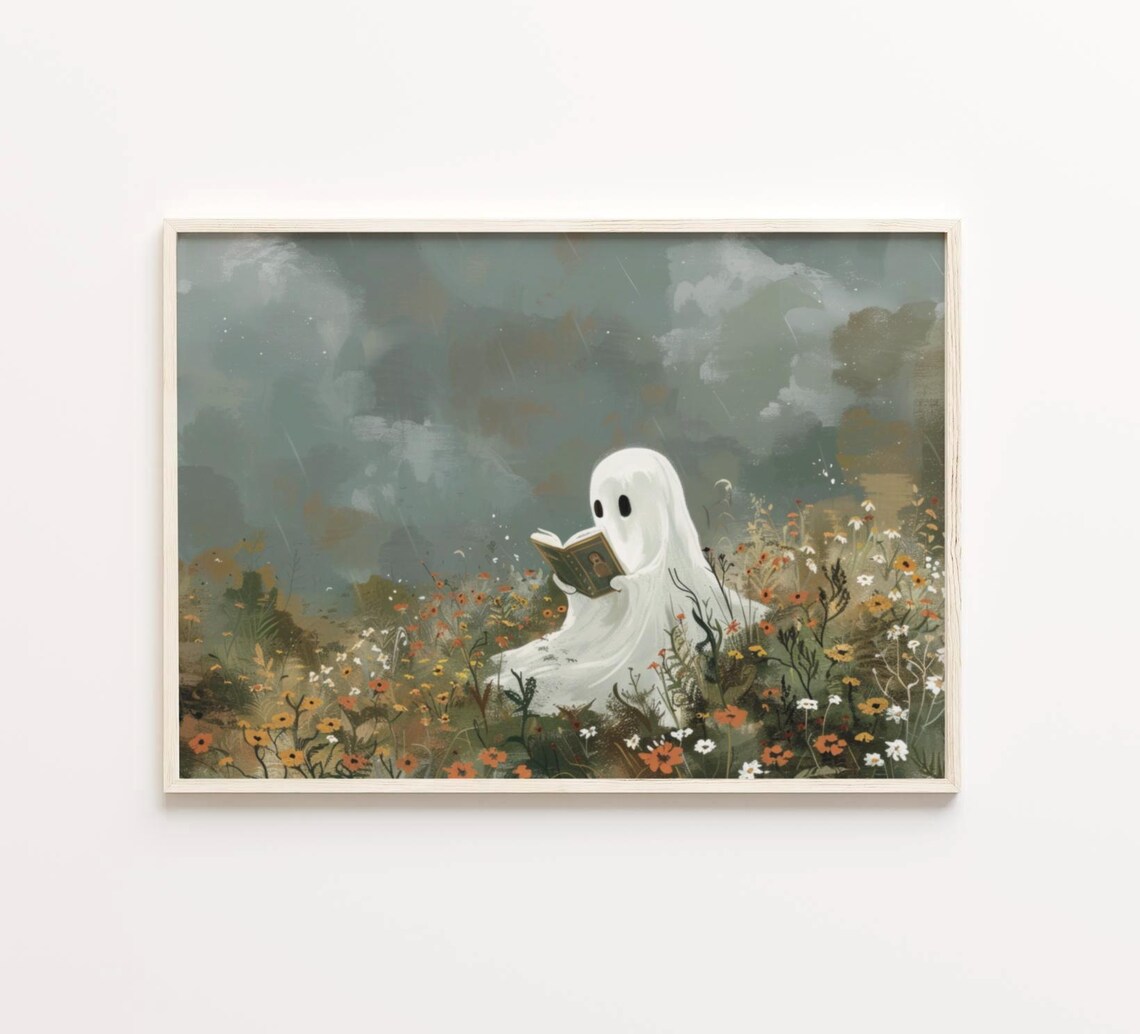Cute Ghost Reading Print, Vintage Halloween Decor - Image 5