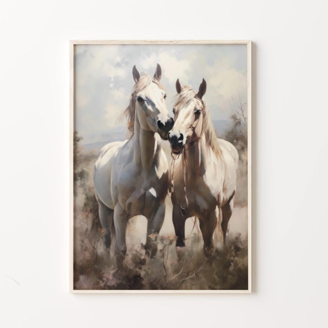 Pair Of White Horses Nuzzling In A Meadow Vintage Equestrian Poster - Image 4