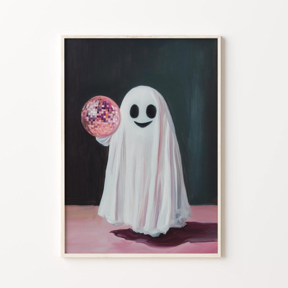 Cute Smiling Ghost Holding A Pink Disco Ball On Dark Background Poster - Image 5