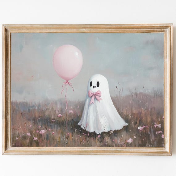Cute Coquette Ghost With Pink Balloon Print Pink Halloween Decor Preppy Halloween Print Pastel Girly Spooky Wall Art Cute Ghost Painting