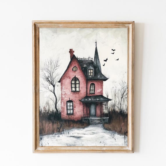 Halloween Pink Haunted House Print Girly Spooky Halloween Decor Cute Haunted Pink House Poster Pastel Halloween Wall Art Preppy Decor
