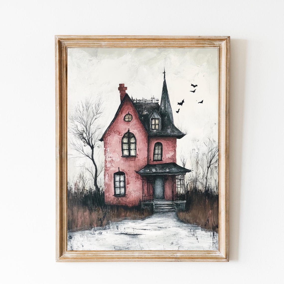 Pink Haunted Victorian House With Bats Whimsical Halloween Poster