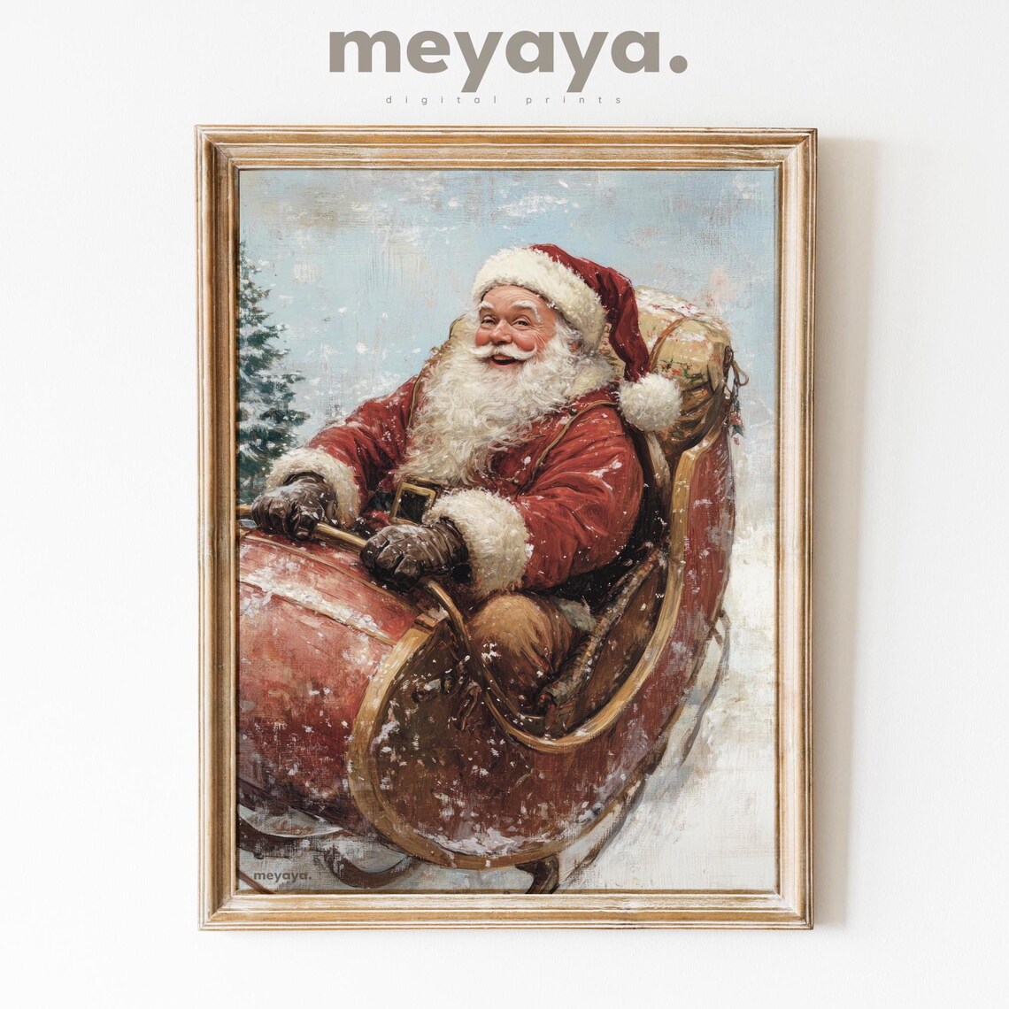 Santa Claus Sleigh Ride Snowy Winter Vintage Christmas Poster